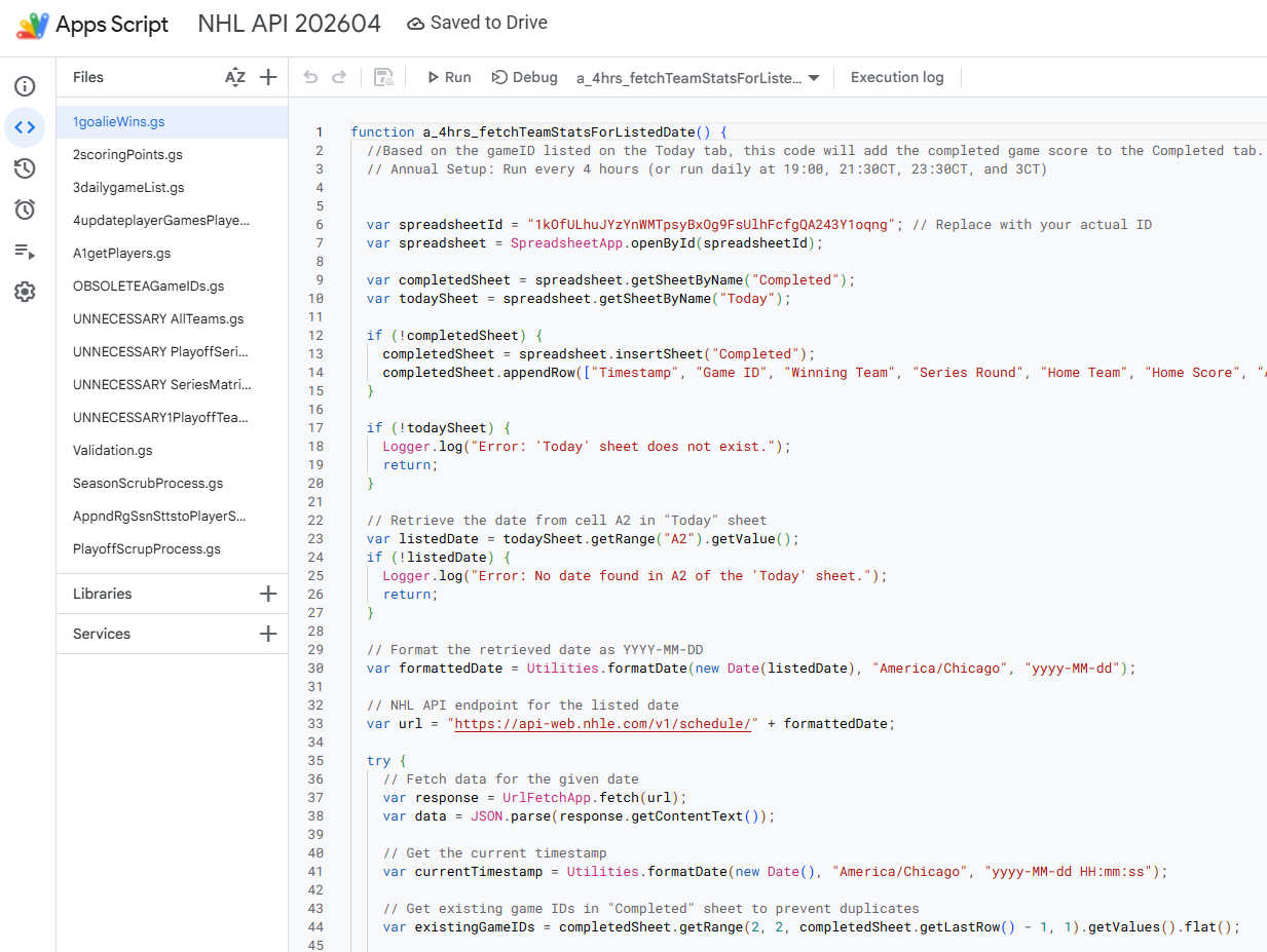 Google Apps Script that fetches NHL schedule data and writes completed games